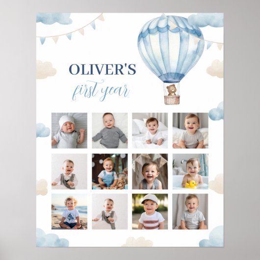Blauwe Teddybeer Jongen Verjaardag Foto Mijlpaal t Poster (Voorkant)