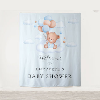 Blauwe Teddybeer Jongens Babyfeestje Wandkleed
