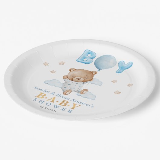 Blauwe Teddybeer met ballon Baby shower Papieren Bordje (Gekanteld)