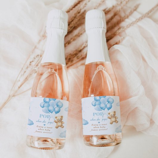 Blauwe teddybeer met ballonnen baby shower sparkling wijnetiket