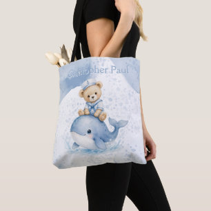 Blauwe teddybeer op walvisjongen baby shower draagtas