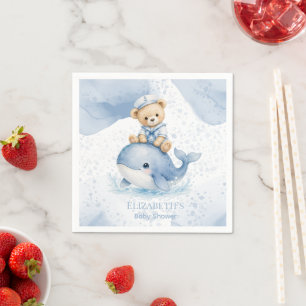 Blauwe teddybeer op walvisjongen baby shower servet