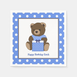 Blauwe Teddybeer Polka Verjaardag servetten