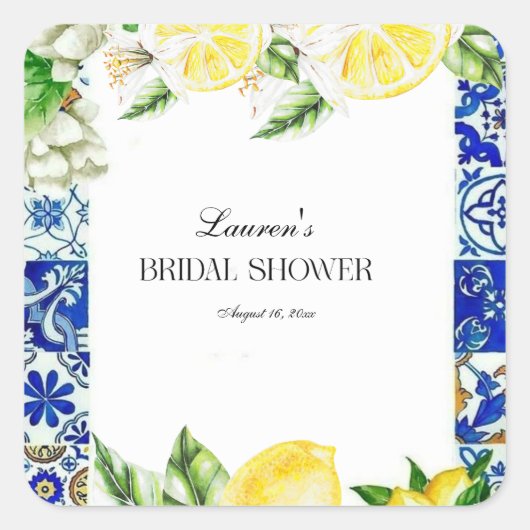 Blauwe tegel citroen Italiaanse bruidsdouche  Vierkante Sticker (Voorkant)