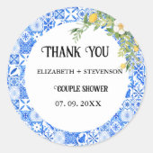 Blauwe tegel citroenkoppel douche ronde sticker (Voorkant)