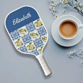 Blauwe tegel Franse landelijke citroen aangepaste Pickleball Paddle