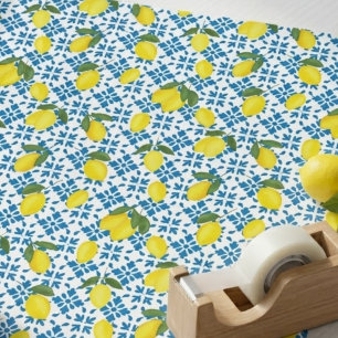 Blauwe tegel Franse landelijke citroenpatroon Cadeaupapier