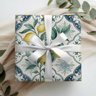 Blauwe tegel Franse landelijke citroenpatroon Cadeaupapier