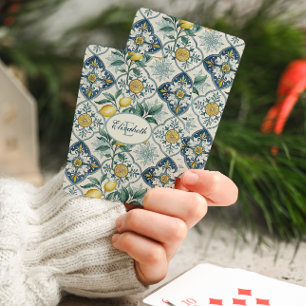 Blauwe tegel land citroen patroon monogram naam pokerkaarten