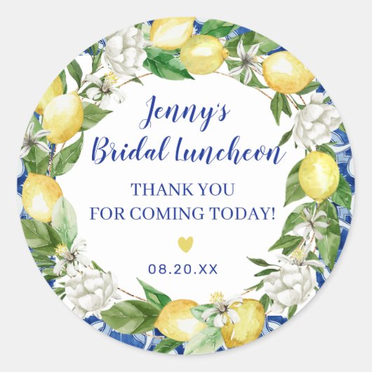 Blauwe Tegel Lemon Italiaans Bridal Luncheon Ronde Sticker (Voorkant)