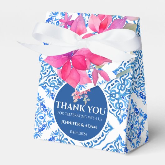 Blauwe Tegels Amalfi Bloemen Bruiloft Dank u Tas Bedankdoosjes (Voorkant Zijde)