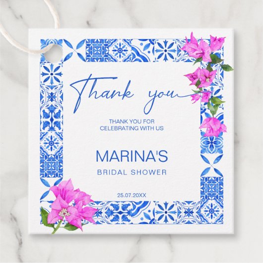 Blauwe Tegels Bougainvillea elegante bruiloft Bedankjes Labels (Voorkant)