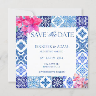 Blauwe Tegels Bougainvillea Floral Save the Date Kaart