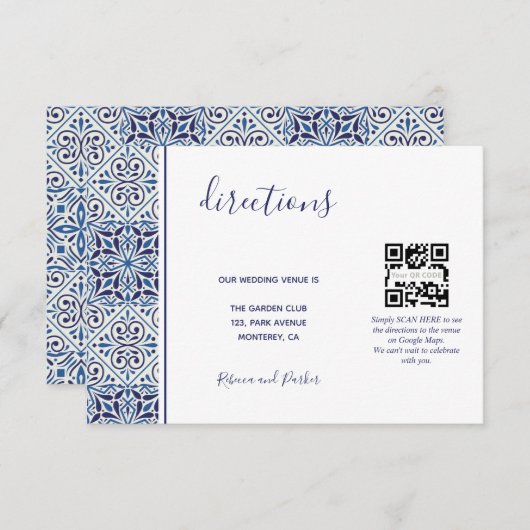 Blauwe tegels bruiloft Richting QR code invoegen k Informatiekaartje (Voorkant / Achterkant)