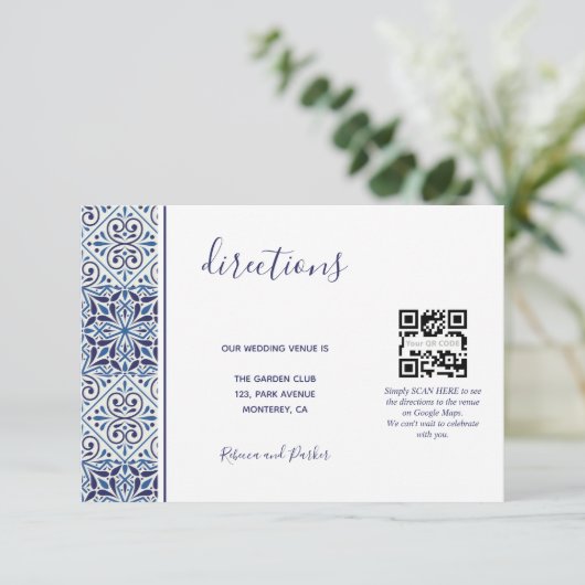 Blauwe tegels bruiloft Richting QR code invoegen k Informatiekaartje (Staand voorkant)