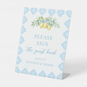 Blauwe Tegels Citroen Bloemen Gastenboek Trouwbord Reclamebord Met Voetstuk