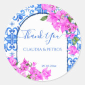 Blauwe Tegels en Bougainvillea elegant dank u Ronde Sticker (Voorkant)