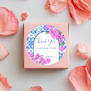 Blauwe tegels en Bougainvillea elegante dank je Ronde Sticker