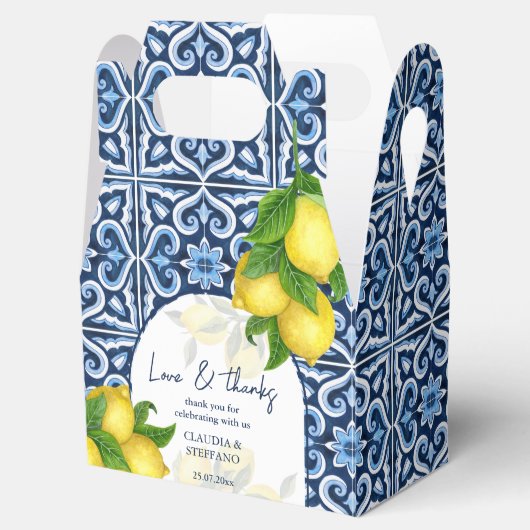 Blauwe tegels en citroen Amalfi Italiaans bruiloft Bedankdoosjes (Geopend)