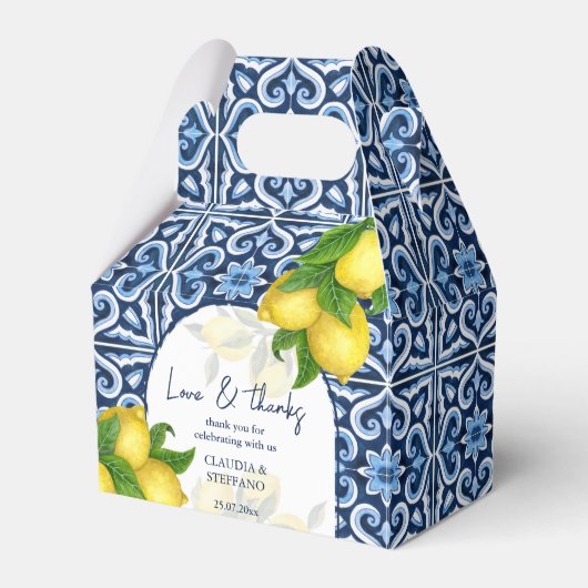 Blauwe tegels en citroen Amalfi Italiaans bruiloft Bedankdoosjes (Voorkant Zijde)