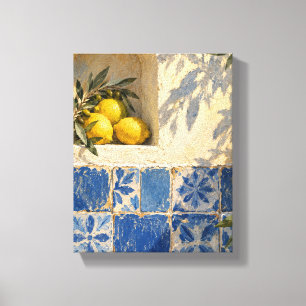 Blauwe Tegels en Citroen Schaduw - Mediterraans St Canvas Afdruk