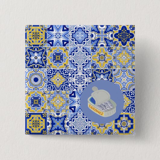 Blauwe Tegels en sardientjes Vierkante Button 5,1 Cm (Voorkant)