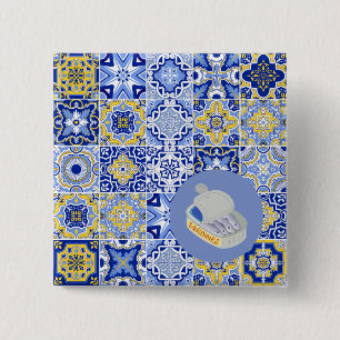 Blauwe Tegels en Sardines Vierkante Button 5,1 Cm