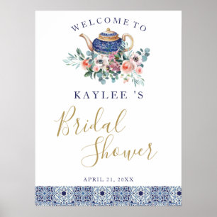 Blauwe tegels florale teapot Bridal Showerwelwelko Poster