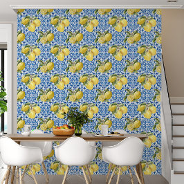 Blauwe tegels mediterraan citroenpatroon behang