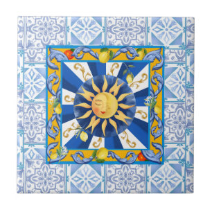 Blauwe tegels, Siciliaanse zon, mozaïek, majolica, Tegeltje