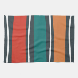 Blauwe terracotta rode witte retro golven theedoek