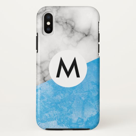 blauwe textuurmarmer met monogram Case-Mate iPhone case (Achterkant)
