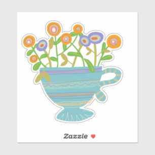 Blauwe theekop met bloemen sticker