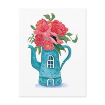 Blauwe theepot huis met rode bloemen Briefkaart