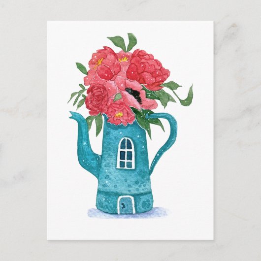Blauwe theepot huis met rode bloemen Briefkaart (Voorkant)