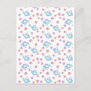 Blauwe theepot Roze Rose Bloesem Illustratie Briefkaart
