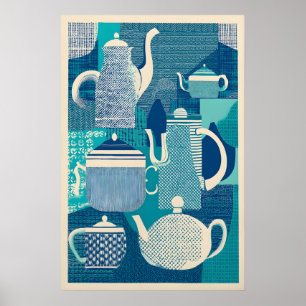 Blauwe Theepotten Giclée Print Mid-Century Modern
