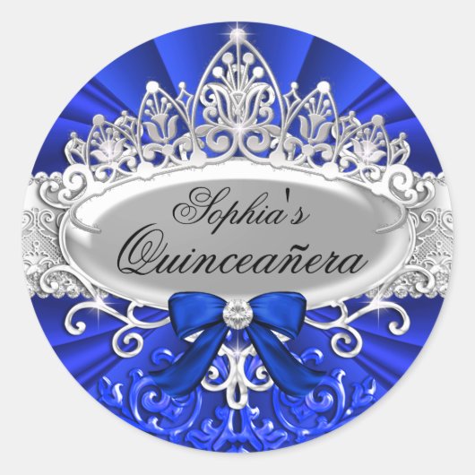 Blauwe Tiara & Damask Quinceanera Sticker (Voorkant)