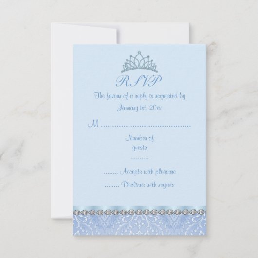 Blauwe Tiara & Damask Sweet16 RSVP Kaart (Voorkant)