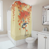 Blauwe tiervogel, Paulownia tak, rode herfstblader Douchegordijn (In situ)