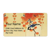 Blauwe tiervogel, Paulownia tak, rode herfstblader Etiket (Voorkant)