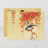 Blauwe tiervogel, Paulownia tak, rode herfstblader Feestdagenkaart (Voorkant / Achterkant)