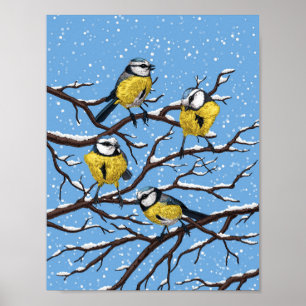 Blauwe tietvogels in de winter poster