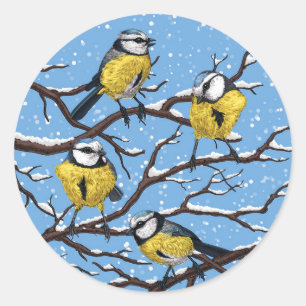 Blauwe tietvogels in de winter ronde sticker