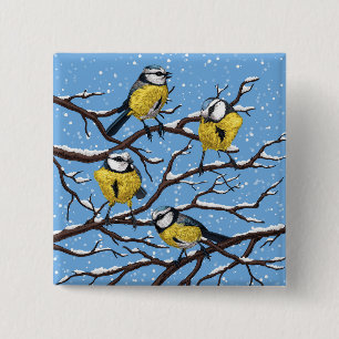 Blauwe tietvogels in de winter vierkante button 5,1 cm
