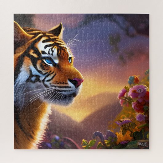 Blauwe tijger en roze bloemen legpuzzel (Verticaal)