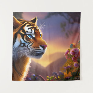 Blauwe tijger en roze bloemen wandkleed