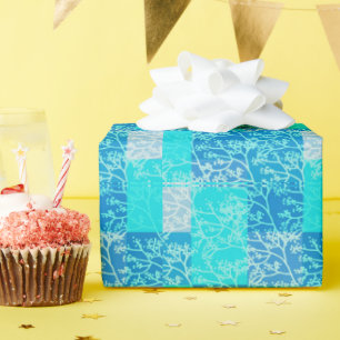 Blauwe tinten gebladerte Plaids Design Cadeaupapier