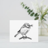 Blauwe tit vogel inkt tekening briefkaart (Staand voorkant)