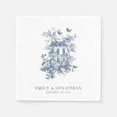 Blauwe Toile De Jouy Bloemen Namen Datum Bruiloft Servet (Voorkant)